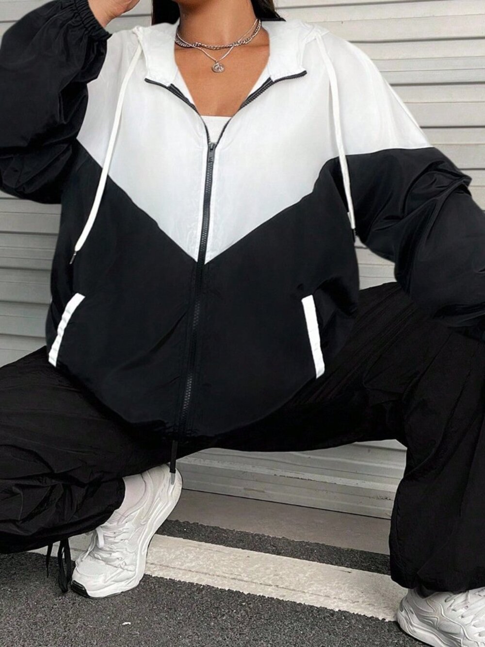 Multicolor Casual Women's Loose Drop Shoulder Zip Front Drawstring Hooded Jacket